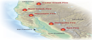 A map of the locations of the five California and Oregon wildfires studied during the 2022 CalFiDE campaign. 